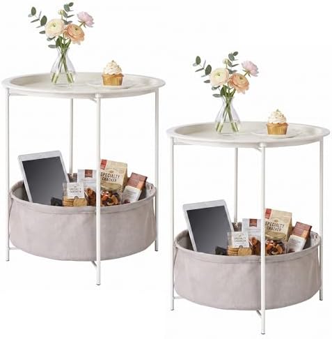 VECELO Round Side/End Table with Fabric Storage Basket，Metal Anti-Rust and Waterproof Small Bedside Nightstand with Removable Tray Top for Living Room，Balcony & Laundry，Beige/2pcs with Basket by VECELO