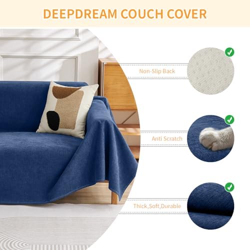 Deep Dream Cat-Scratch Resistant Couch Cover, Waterproof Sofa Cover for 3 Cushion Couch Washable, Pet Friendly Couch Protectors Anti Slip Thickened Love Seat Slipcovers for Dogs Pets,91" x 134",Blue - Image 3