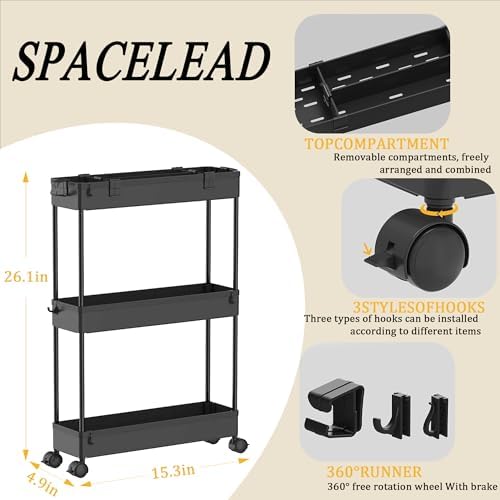 SPACELEAD Slim Storage Cart 3 Tier,Bathroom Organizer Rolling Utility,Mobile Shelving Unit Slide Out for Office, Kitchen, Laundry Room & Narrow Places,Black - Image 3