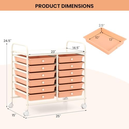 Giantex 12 Drawers Rolling Cart, Mobile Storage Drawer Cart, Classroom Organizer Cart for Office School Supplies Tools Scrapbook Paper Craft Small Printer, Utility Cart on Wheels, Peach Fuzz - Image 3