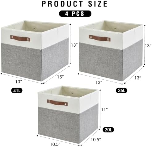Bagnizer 13x15x13 Storage Cube Bins, Foldable Storage Organizer Baskets, Fabric Cube Storage Boxes with 2 Reinforced PU Handles for Kallax, Shelves, Living Room | 4 Pack, Gray & White - Image 4