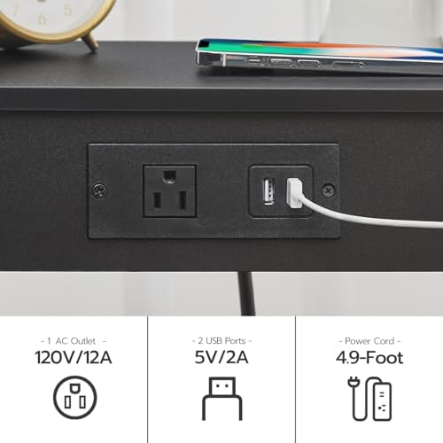 HOOBRO Side Table with Charging Station, End Table with USB Ports and Outlet, Nightstand with 2-Tier Storage Shelf, Faux Rattan Decoration, for Small Space, Black BK91UBZ01 - Image 5