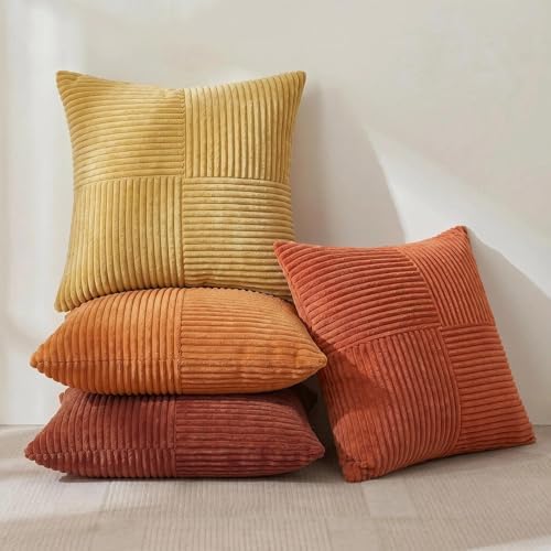 Fancy Homi Set of 4 Boho Fall Decorative Throw Pillow Covers 18x18 Inch for Couch Bed Sofa Bedroom, Modern Farmhouse Home Decor, Soft Cross Striped Corduroy Patchwork Colorful Cushion Case 45x45cm - Image 2