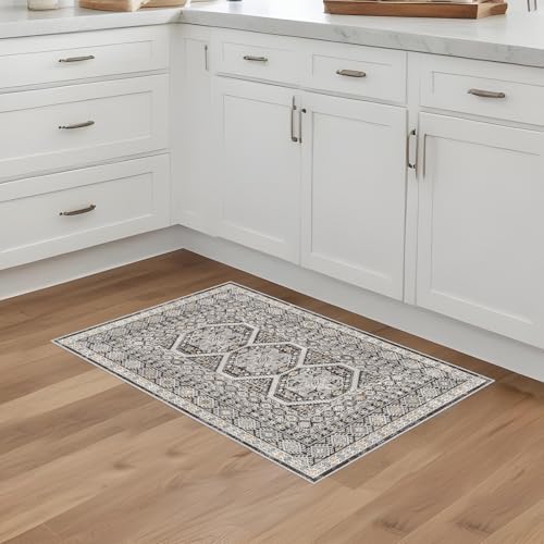 2x3 Area Rug Washable Vintage: Non Slip Throw Rugs for Entryway Floor Black - Image 3