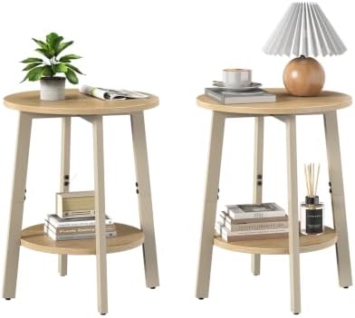 sthmec Side Table Set of 2, Small Round End Table with Storage Shelf for Small Space, 2-Tier Bedside Table Sofa Couch Table, Nighstands Set of 2 Accent Table for Living Room, Bedroom, Natural by Unknown