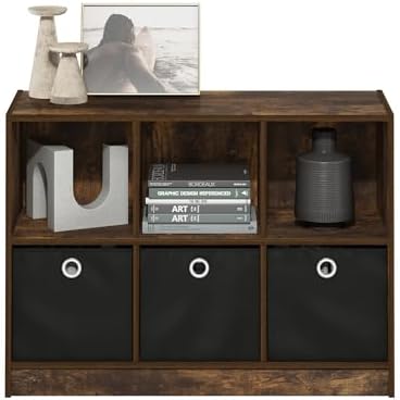 Furinno Basic Book Shelf, 6-Cube Bookshelf with Open Shelf, 3 x 2 Bookcase with Storage Bins, Closed Back, Horizontal, 11.9 x 31.6 x 23.6, for Living Room, Bedroom, Home Office, Amber Pine - Image 4