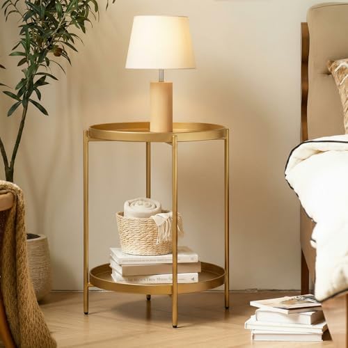 TeoKJ 2 Tier Gold Side Table, Folding Round Metal End Table Small Nightstand with Two Removable Tray for Bedroom Living Room Small Spaces Bedside Gold - Image 2