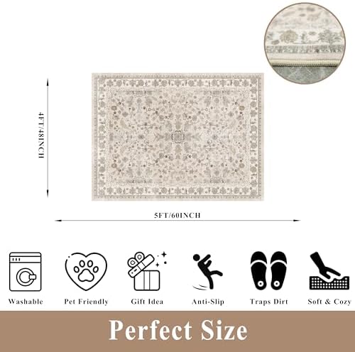 4x5 Washable Kitchen Entryway Rug – Non-Slip Soft Low Pile Indoor Carpet for Bathroom Living Room Bedroom – Boho Floral Small Throw Area Rug (Beige,4x5) - Image 2