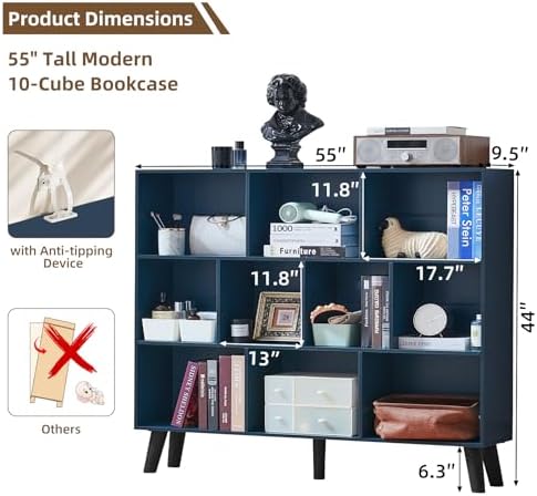 LEYAOYAO 10 Cube Bookshelf,Mid-Century Modern Bookcase with Legs,Dark Blue - Image 2