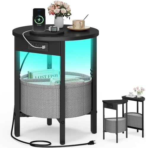 Vagusicc Round Side Table with Charging Station, Round End Table with Fabric Basket, Accent Table Coffee Table, Set of 2 Half Moon Tables, Bedside Table, Modern LED Nightstand for Living Room, Black by Vagusicc