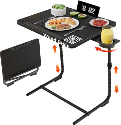 Adjustable TV Tray Black Dinner - Folding Trays for Eating On Couch Wooden Tables Mate Stand Foldable Desk with Cup Holder Portable by NUTIKAS