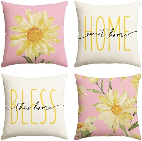 AVOIN colorlife Home Sweet Home Spring Summer Flowers Pink Throw Pillow Covers, 18 x 18 Inch White Cushion Case for Sofa Couch Set of 4 by AVOINcolorlife