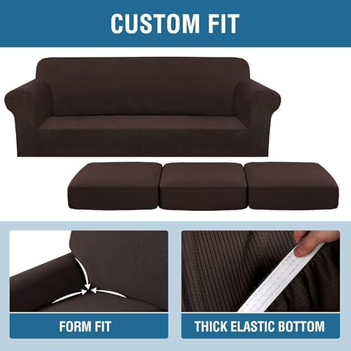 H.VERSAILTEX 4 Piece Stretch Sofa Covers for 3 Cushion Couch Covers for Living Room Furniture Slipcovers (Base Cover Plus 3 Seat Cushion Covers) Thicker Jacquard Fabric (Large Sofa, Chocolate) - Image 4