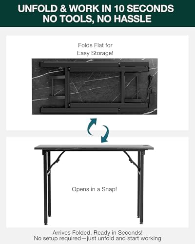 Frylr Small Folding Computer Desk – 43.3 Inch Portable Table for Craft and Study, Lightweight Desk for Small Spaces, Foldable Laptop Table Built-in AC/USB Outlets for Convenience, Marble Greige - Image 3