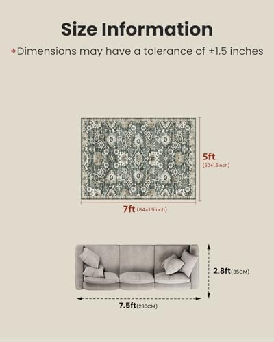 AMADA HOMEFURNISHING 5x7 Area Rugs, Washable Living Room Rug Low-Profile with Non-Slip Backing & Durable Edge Binding, Vintage 5x7 Rugs for Living Room, Bedroom, Dining Room - Image 2