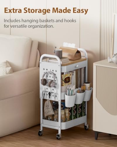 ALVOROG 3 Tier Metal Rolling Cart with Drawer,Wood Top,Pegboards,White - Image 2