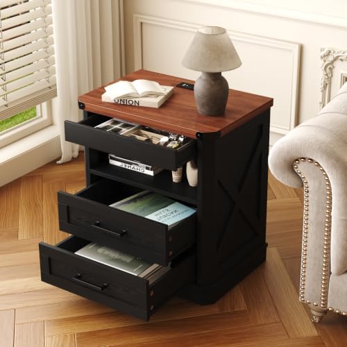 Yusong Farmhouse Night Stand with Gun Drawer & Invisible Lock, Rustic Wooden Night Stand with Charging Station, Beside Table with Drawers and Open Storage, End Tables for Bedroom, Black - Image 3