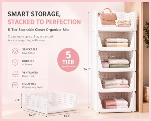 5 Pack Stackable Closet Storage Basket - Stackable Storage Bins, Multifunctional & Foldable Closet Organizer Waterproof, bathroom cabinet organizer,rv closet shelves, white stackable storage bins - Image 2