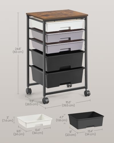 VASAGLE Rolling Cart with Drawers,5 Drawers Storage Cart, Black - Image 3