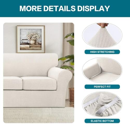 Turquoize 3 Piece Sofa Covers For 2 Cushion Couch Sofa Slipcover Soft Couch Cover For Dogs-Washable Sofa Furniture Covers With 2 Individual Cushion Covers, Feature Thick Fabric (2 Cushion Sofa, Ivory) - Image 4