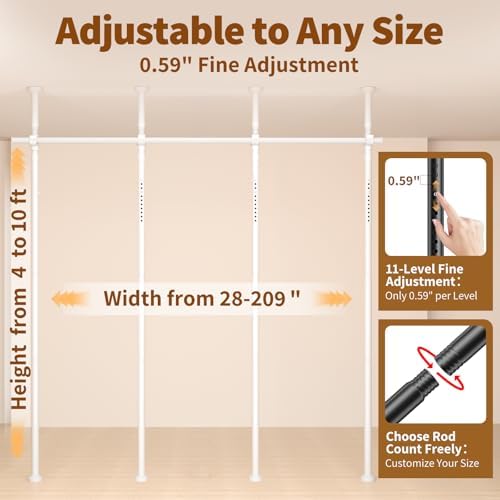 Room Divider for Room Separation,4-10ft(H) 28-209inch(W) Adjustable Temporary Privacy Wall Divider, Tension Curtain Rods No Drilling, Heavy Duty Partition Space Separator Freestanding,White - Image 2