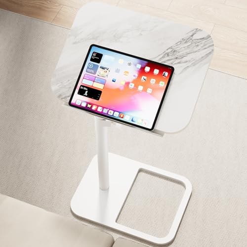 GOYLSER Adjustable Height Sofa C Table, 360° Swivel/180° Flip-Over Panel Side Table with Tablet Slots for Small Spaces, Morden TV Tray Couch Tables for Dinner Eating (White Marble) by GOYLSER