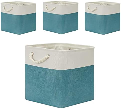 Temary Fabric Storage Set - 4 Large Cube Baskets (13x13), White & Teal by TEMARY