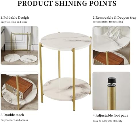 Gawicpy 2 Tier Round Side Table, Folding End Tables Coffee Table Simplistic Sofa Table Waterproof Removable Tray Table Indoor Outdoor Accent Table for Living Room Bedroom (Faux Marble White, 1pcs) - Image 4