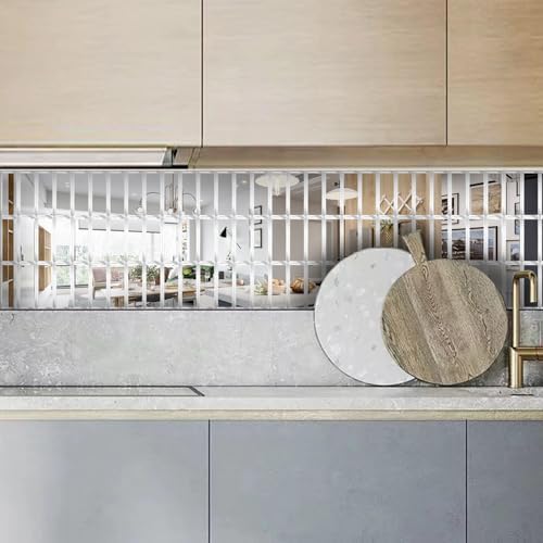 64 Pcs Peel and Stick Beveled Mirror Glass Tile.2.5x1 Inch Mirror Backsplash Tiles. Cute Mirror Strip Tile for Kitchen, Bathroom Wall. 64 Pcs - Image 3