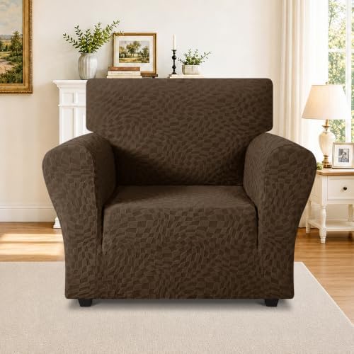 ZNSAYOTX 1 Piece Stretch Chair Cover with Arms (34"-44"), New Plaid Armchair Cover with Elastic Band for Living Room, Ultimate Soft Cozy Washable Chair Slipcover Form Fit Protector, Coffee - Image 2