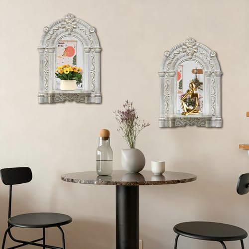 2 Set Vintage Candle Wall Sconce for Home Decor Living Room Bedroom Office Wood Antique Mirrored Victorian Mounted Candlestick Wall Holder Relief Hanging Decor -White 11.8in - Image 2