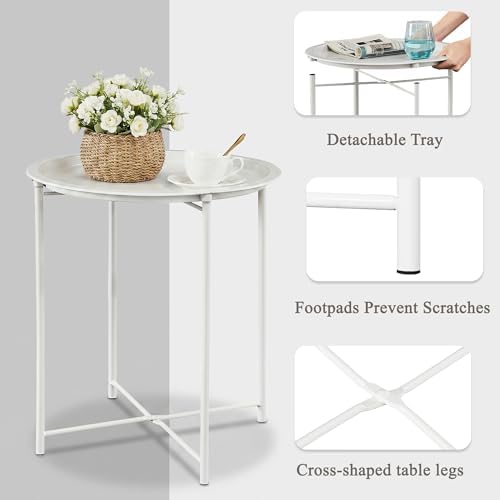 VECELO Side/End Table, Folding Round Metal Anti-Rust and Waterproof Outdoor or Indoor Tray for Living Room Bedroom Balcony and Office, 2 PCS, Beige - Image 5