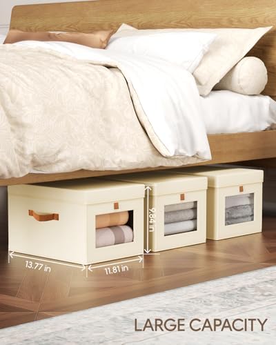 Homsorout Storage Bins with Lid – Closet Organizer with Side Opening and Clear Window, Foldable Stackable Fabric Basket for Clothes, Home, Office - 13.77" x 11.8" x 9.8", 6 Pack, Beige - Image 4