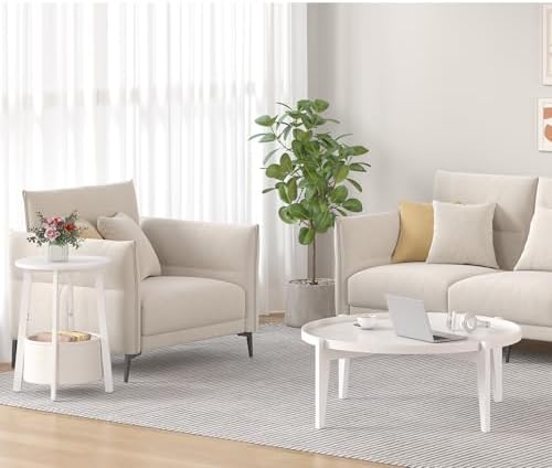 sthmec Small Round Side End Table with Cloth Storage Basket, Round Bedside Sofa Couch Coffee Tables for Small Places with Metal Frame, Modern Nighstands for Living Room Bedroom,White - Image 4