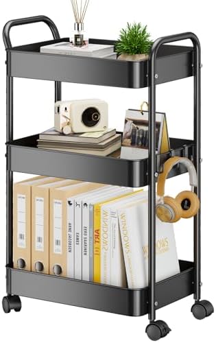 YASONIC 3-Tier Metal Rolling Cart Utility Carts with Wheels Black by YASONIC