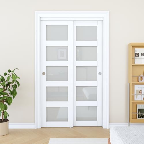 Sliding Closet Door 48"x80", 5 Lite Frosted Glass Door, Need to Assemble - Image 2