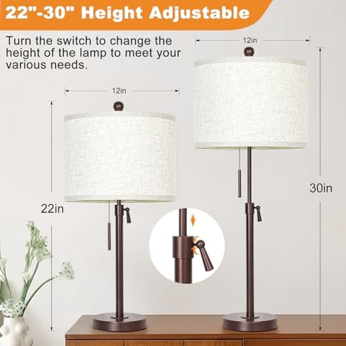 Qingmiao Table Lamps Set of 2, 22" to 30" Adjustable Nightstand Lamps for Bedroom, Dimmable End Table Lamps for Living Room Console Entry Farmhouse Home Decor, New House Warming Gifts - Image 2