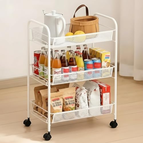 Storage Carts 3-Tier, Metal Utility Rolling Cart with Wheels, Snack Shelves, Fruit Basket Stand for Living Room, Kitchen, Office, with 360° Wheels & Hooks, White by facdiwok