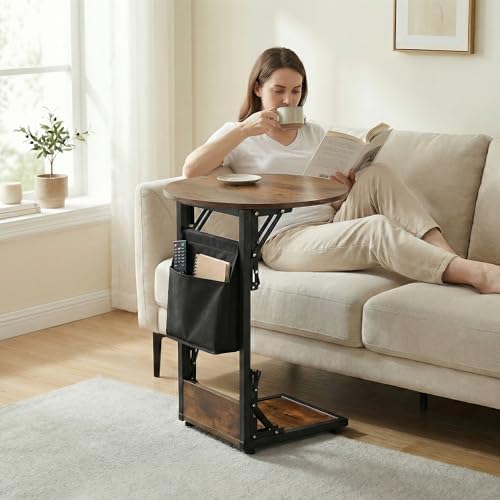 Foldable C Shaped End Table, 15.7" Couch Side Table with Storage Pocket, Slides Under Sofa - Image 6
