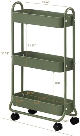 SunnyPoint Slim Rolling Storage Cart, 3 Tier Bathroom Storage Organizer Bathroom, Laundry Utility Cart (Army) - Image 6