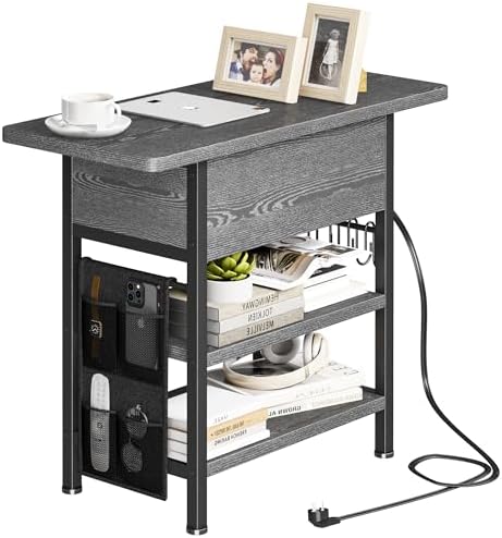 End Table with Charging Station, Flip Top Nightstand with USB Ports and Outlets,Couch Side Table with Fabric Bag and Hooks, Bedside Table for Space Saving, Living Room, Bedroom (Grey) - Image 7