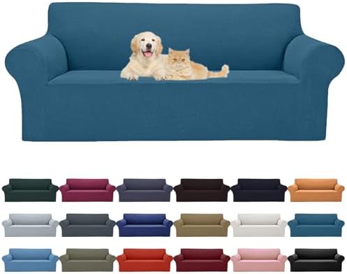 Cupuamon 2026 New Stretch Oversized Sofa Slipcovers Couch Sofa Cover for 4 Seater Furniture Protector Covers with Elastic Bottom Jacquard Fabric Small Checks for Pets, Kids - Peacock Blue by Cupuamon