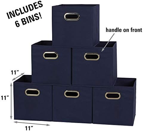 Household Essentials Fabric Storage Bins 6 Piece Set, Strong Poly-Woven Fabric, Sturdy Chipboard Sides, Grommet Front Handle, Stackable and Foldable, Classic Design, Navy - Image 2