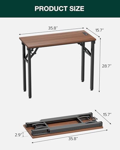 Frylr Small Folding Computer Desk – 35.8 Inch Portable Table for Craft and Study, Lightweight Desk for Small Spaces, Foldable Laptop Table Built-in AC/USB Outlets for Convenience, Dark Walnut - Image 2