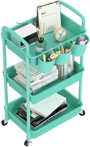 MOYIPIN 3-Tier Plastic Rolling Utility Cart with Handle,Turquoise by MOYIPIN