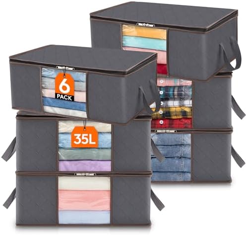 Lifewit 6 Pack Clothes Storage Bag, Foldable Storage Bin Closet Organizer with Reinforced Handle, Sturdy Fabric Blanket Storage with Clear Window, Storage Containers for Clothing, Bedding, Gray by Lifewit