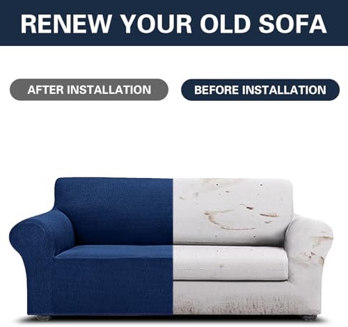 Cupuamon 2026 New Stretch Sofa Slipcovers Couch Cover for 3 Cushion Furniture Protector Sofa Covers with Elastic Bottom Jacquard Fabric Small Checks for Pets, Kids -Sofa, Classic Blue - Image 5