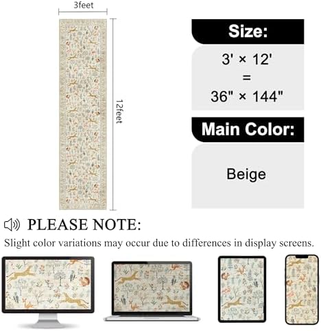 DUKINO 3x12 Runner Rug for Hallway, Washable Animal Rug for Kitchen, Beige - Image 2