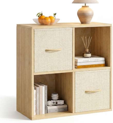 EXPERLAM 4 Cube Storage Organizer - Solid Wood Bookshelf with 2 Storage Bins, Cube Shelf with 2 Removable Back Panels, Vertical or Horizontal Bookcase, Open Book Shelf for Bedroom, Living Room, Office by EXPERLAM