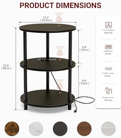 XBurmo Small Round End Table - 3 Tier Design Accent Table, Narrow Side or Bedside Stand, Industrial Vintage Table for Small Spaces, Built-in USB Ports and Power Outlet, Charcoal Wenge - Image 2